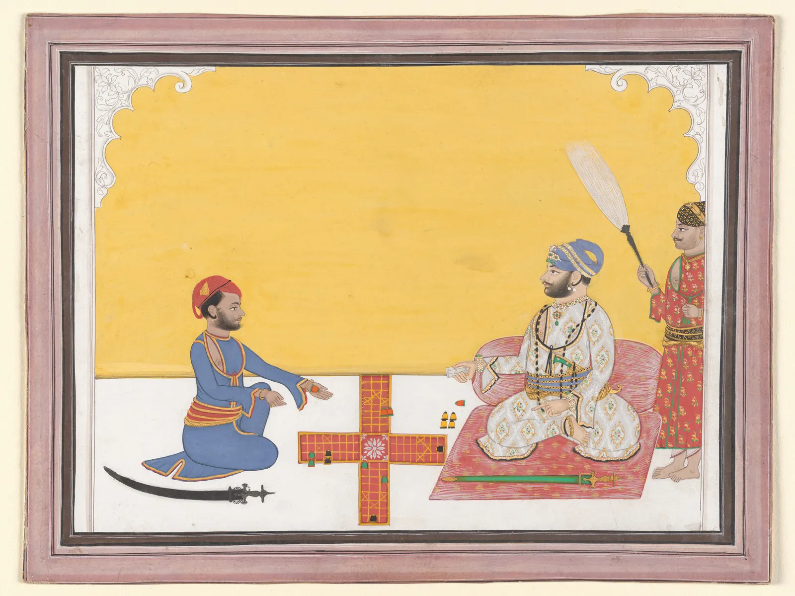 A maharaja and his companions seated round a cross-shaped pachisi cloth, painted in Udaipur about 1868
